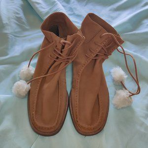 Free People Leather Ankle Boots with Lace up Faux Fur Poms